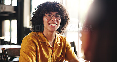 Buy stock photo Friends, happy and man in cafe talking for conversation, discussion and social chat at coffee shop on campus. College, student and person speaking for bonding, relationship and relax on break