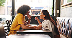 Date, laughing and talking with couple in coffee shop together for bonding, love or romance. Conversation, funny or smile with man and woman in cafe or restaurant for hospitality, relax and service