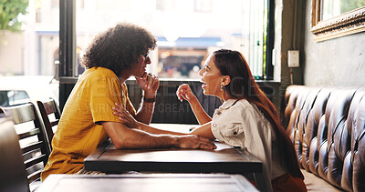 Buy stock photo Date, laughing and talking with couple in coffee shop together for bonding, love or romance. Conversation, funny or smile with man and woman in cafe or restaurant for hospitality, relax and service