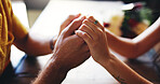 Love, couple and holding hands for support, trust and care on date together in restaurant. Closeup, table and comfort with people for relationship, commitment and romantic connection with partner