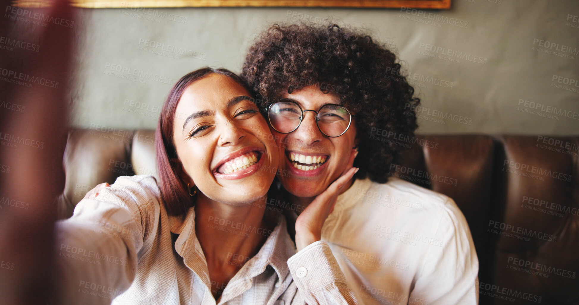 Buy stock photo Love, POV and selfie with couple in coffee shop together for bonding, memories or romance. Dating, profile picture or social media post with happy man and woman in booth of cafe or restaurant