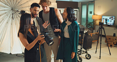 Buy stock photo People, check and camera with photography team of photoshoot, photo results and production in studio. Staff, photographer and tech with fashion media, catalog and filming process of magazine industry