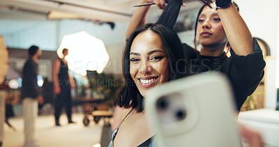 Smile, woman and stylist for selfie of fashion photography, social media post and magazine team. People, beautician or influencer photoshoot of interview, film production and bts of creative industry