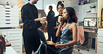 Coffee, laptop or photography with makeup artist and model in studio for behind the scenes preparation. Computer, drink and getting ready with woman on set for catalog or magazine photoshoot