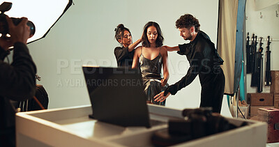 Buy stock photo Photoshoot, stylist and people in studio, creative and pictures for fashion magazine and production. Backstage, artist and group with project for media agency, camera and equipment for photography
