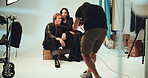 Photoshoot, smile and people in studio, fashion and photography for magazine, creative and production. Backstage, artist and group with project for media agency, camera or photographer with equipment
