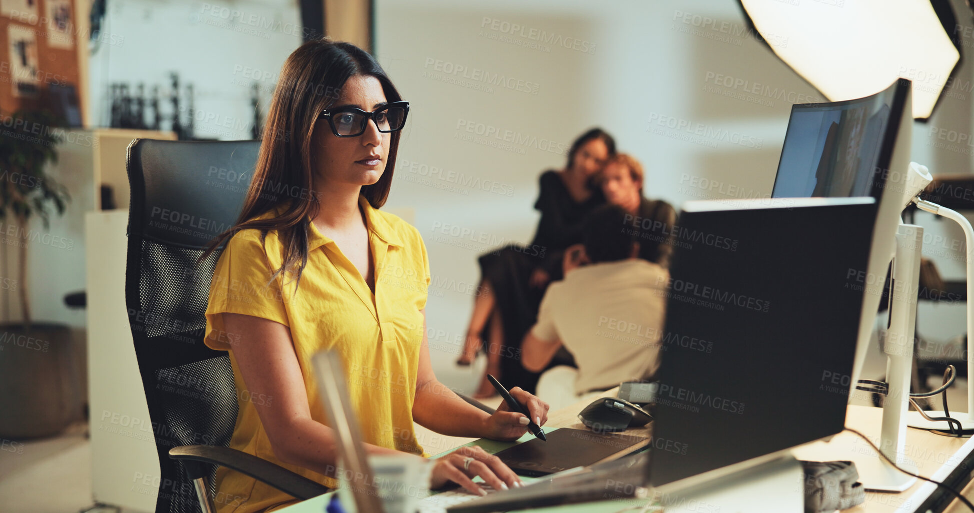 Buy stock photo Design, woman and photography editor on computer with post production software on graphic tablet. Studio, picture retouching and creative art for fashion magazine, drawing and editing media backstage