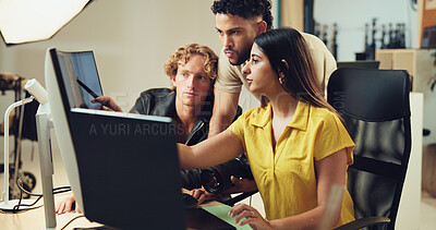 Buy stock photo People, computer and teamwork for photoshoot in studio for production results, talking and review. Staff, producer and group to check for fashion photography, magazine catalog and filming process