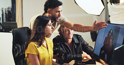 Buy stock photo People, computer and planning for photography in studio for production results, talking and review. Staff, producer and teamwork to check for fashion photographer, magazine catalog or filming process