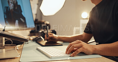 Buy stock photo Hands, man and photography editor on computer for production on keyboard or graphic tablet. Retouching picture, studio design and creative art for fashion magazine, drawing or editing media backstage