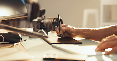 Buy stock photo Hands, graphic tablet and photography editor on computer with post production software. Retouching image, man and pen in studio for creative art for drawing and editing media backstage with closeup
