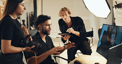 Buy stock photo People, backstage or talking for photography or teamwork for production results, planning or review. Studio, producer or computer to check for fashion photographer, magazine catalog or filming ideas