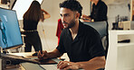 Studio, man and picture editor on computer with post production software for fashion on graphic tablet. Retouching photography, design and creative art for drawing, editing media or serious backstage