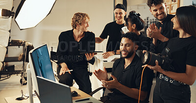 Buy stock photo Happy, people or clapping for photography success for production results, project or review. Teamwork, producer or computer to check for studio photographers, magazine catalog or filming achievement
