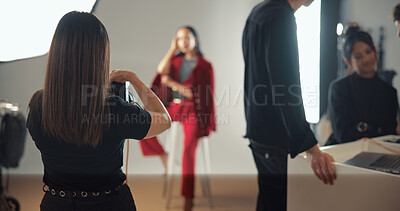 Buy stock photo Woman, model and photographer for photoshoot in studio of photography, fashion casting and backstage. Director, camera and team with filming production, capture image and bts in creative industry