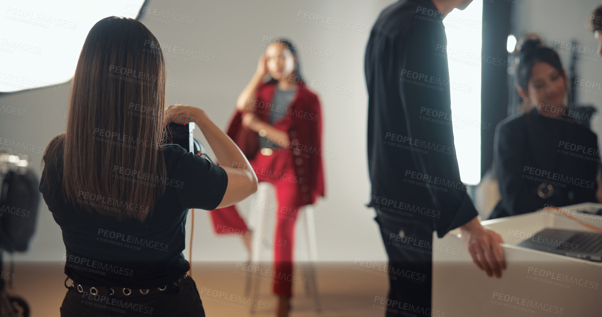 Buy stock photo Woman, model and photographer for photoshoot in studio of photography, fashion casting and backstage. Director, camera and team with filming production, capture image and bts in creative industry