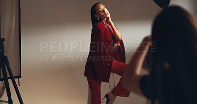 Buy stock photo Woman, model and photoshoot for fashion in studio of media photography, clothes brand and backstage. People, photographer and camera of film production, capture image and catalog of creative industry
