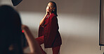 Woman, photographer and photoshoot for fashion in studio of photography, casting and backstage. Director, model posing and camera of filming production, capture image and catalog of creative industry