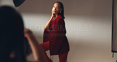 Buy stock photo Woman, photographer and photoshoot for fashion in studio of photography, casting and backstage. Director, model posing and camera of filming production, capture image and catalog of creative industry