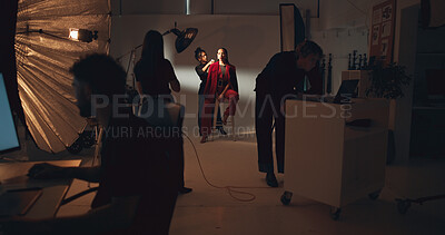 Buy stock photo Photoshoot, fashion and group in studio, creative and picture for magazine on set and production. Backstage, tech and people with project for media agency, stylist and equipment for photography
