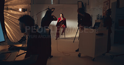 Buy stock photo Photoshoot, photographer and group in studio, model and pictures for fashion magazine or production. Backstage, creative and people with project for media agency, camera and equipment for photography