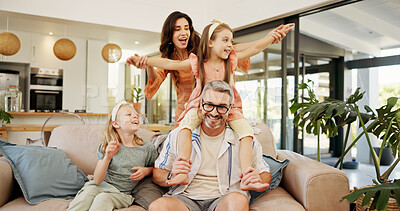 Buy stock photo Parents, children and flying fun at house of airplane game, playful fantasy and energy for freedom. Smile, family and kid on father shoulder of imagination travel, mother support and bonding together