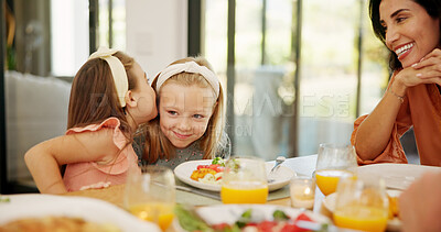 Buy stock photo Children, food and girl with gossip whisper at lunch for sibling secret, mystery news or mother listening. Family, people and sister share private story in home for trust and confidential information