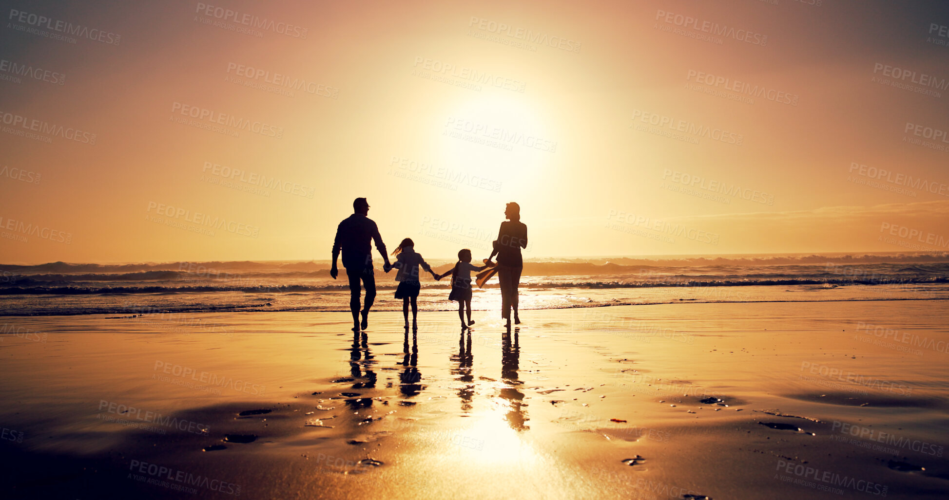 Buy stock photo Sunset, family and holding hands at sea for vacation, walking and bonding together outdoor. Back, mother and father with children at beach with mockup space, travel or summer adventure with parents