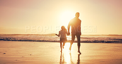 Buy stock photo Beach, sunset and father with girl, vacation and travel with happiness, bonding together and water. Nature, seaside and family with parent, daughter and dad with summer holiday, journey and fun