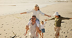 Family, holiday or walking at beach for balance, piggyback or travel in Australia with siblings, girls or love. Above, mom or dad with children at sea on fun vacation for playing, bonding or games