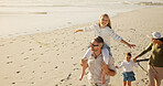 Kids, parents or walking at beach for space, holiday or travel in Australia with siblings, girls or family. Piggyback, mom or dad with children at sea on vacation together for tourism, bonding or fun