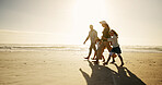 Children, parents or walking at sea for space, holiday or travel in Australia with siblings, love or family. Adventure, mom or dad with kids at beach on vacation together for sunset, care or mockup