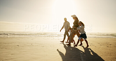 Buy stock photo Children, parents or walking at sea for space, holiday or travel in Australia with siblings, love or family. Adventure, mom or dad with kids at beach on vacation together for sunset, care or journey