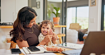 Buy stock photo Laptop, multitask and smile of mother with baby in home for development of small business. Computer, having fun or playing with single parent and child in apartment for freelance or startup career