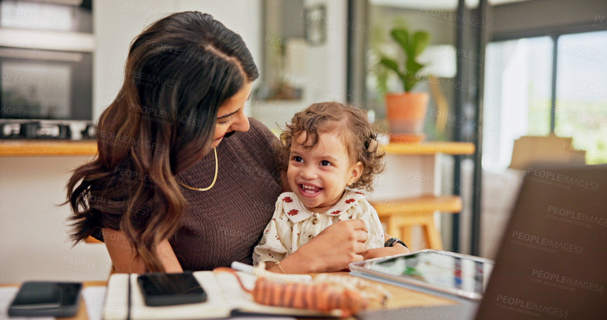 Buy stock photo Laptop, multitasking or remote work with mother and baby in home for development of small business. Busy, computer or tablet with single parent and child in apartment for freelance or startup job