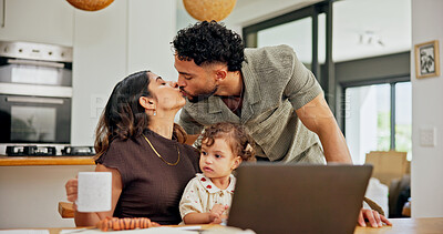 Buy stock photo Remote work from home, baby and couple with kiss, laptop and romance with start to day. Kid, mother and father with kid, relationship and morning with affection, family or coffee with love or parents