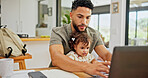 Typing, baby or dad in home with baby or laptop for remote work, freelance research or business. Online, single parent or father juggling parenting task for project deadline, planning or multitasking