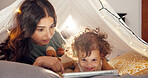Tent, baby and mother with tablet, happiness and bonding together with internet, home and love. Family, parent and mama with kid, online games and child development with weekend break, joy and smile