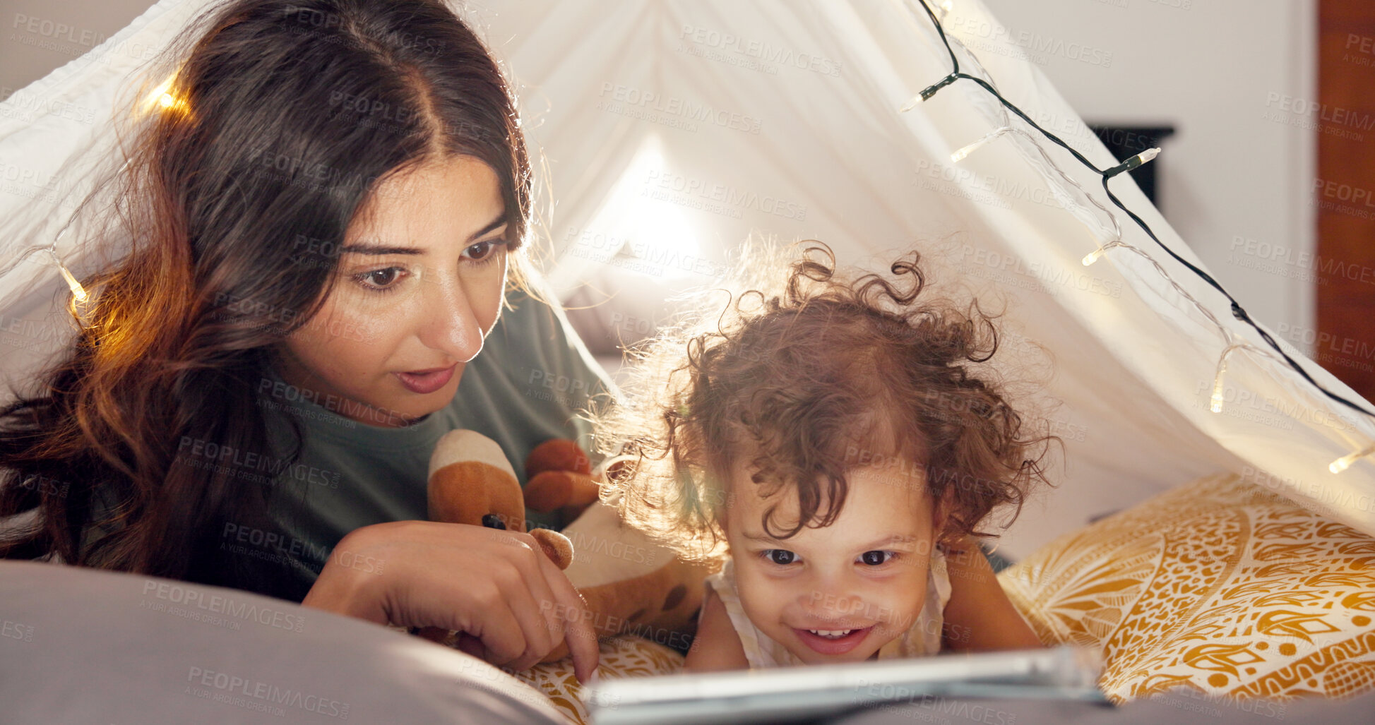 Buy stock photo Tent, baby and mother with tablet, happiness and bonding together with internet, home and love. Family, parent and mama with kid, online games and child development with weekend break, joy and smile