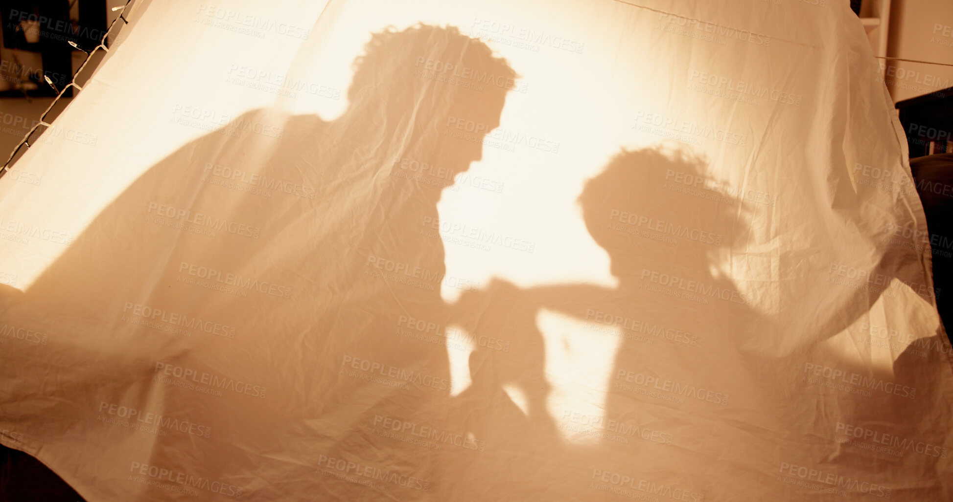 Buy stock photo Family, shadow and playing in home tent for bonding, toy game or childhood adventure. People, dad and baby in blanket fort with fantasy activity, imagination or relationship for support, love or care