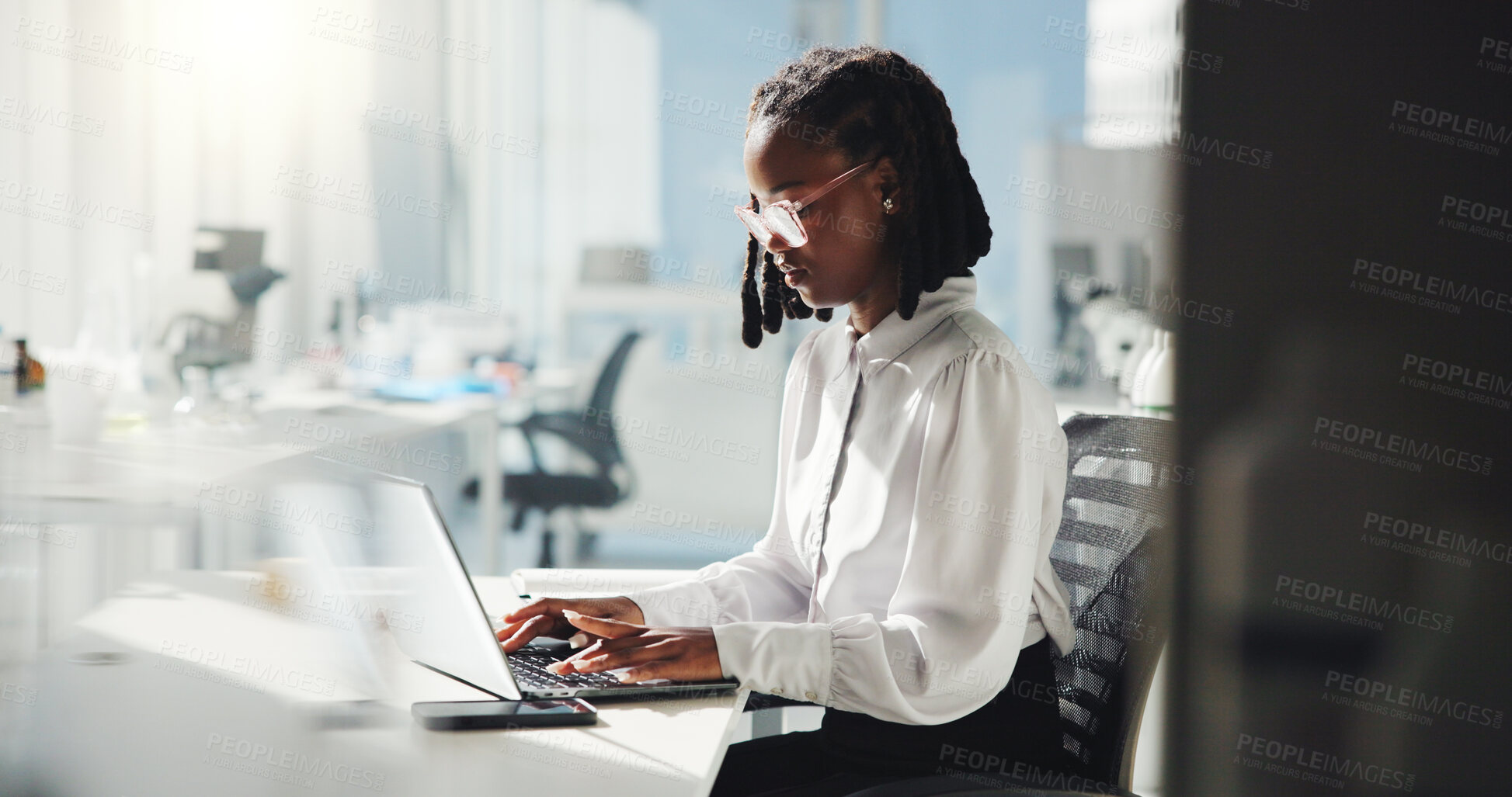 Buy stock photo Science, woman and research on laptop in laboratory for information report, clinical trial or online observation. Medical program, black girl and typing vaccine results for pharma innovation or study