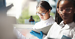 Reading, scientists and women with document, lab and info for treatment of disease or cure. Healthcare, medical research and notes for project in clinic, pharmaceutical and coworking with people