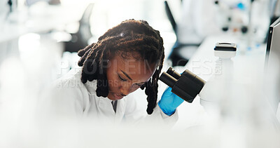 Buy stock photo Microscope, scientist and black woman with medical research, healthcare innovation or chemistry experiment. Science, laboratory and microbiology for medicine development, pharma study or dna analysis
