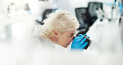 Buy stock photo Microscope, scientist and mature woman with research, healthcare innovation and experiment. Science, laboratory and microbiology for medical development, pharma study and test with biotechnology