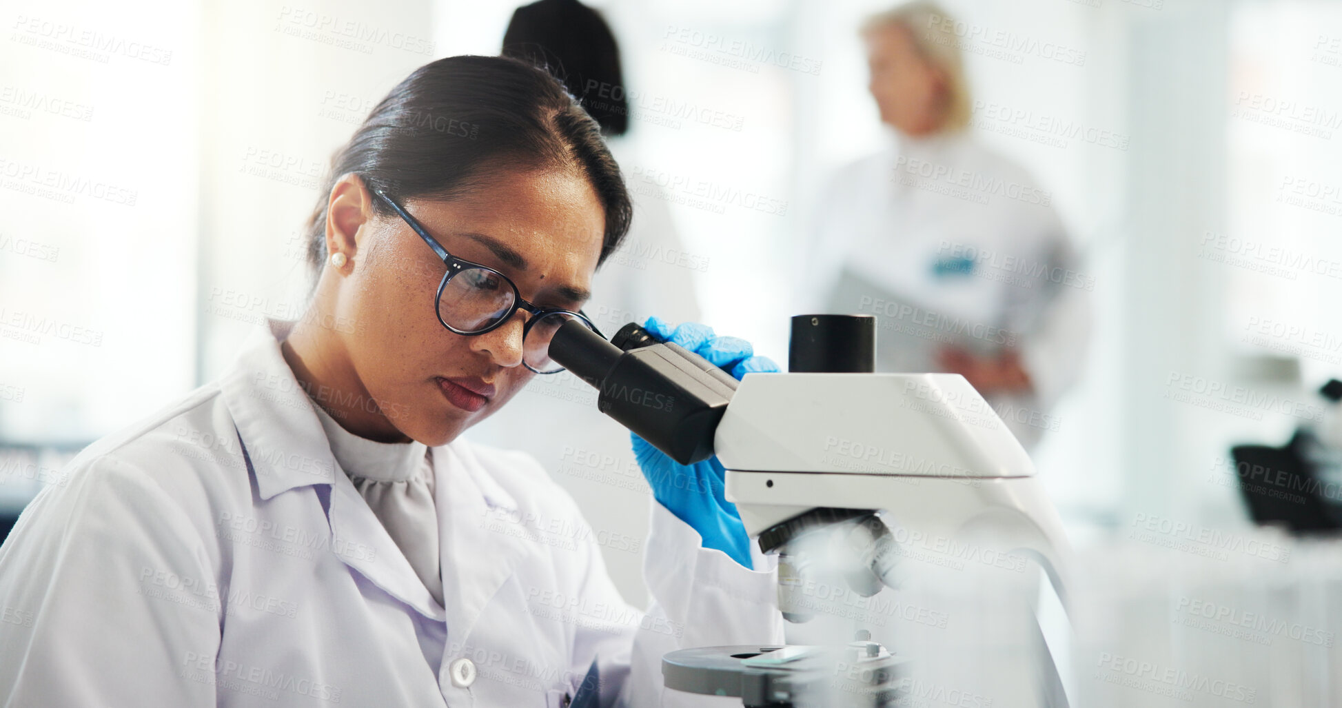Buy stock photo Microscope, scientist and woman with exam for research in laboratory, healthcare and medical innovation. Science, experiment and microbiology for drugs development, pharma study and biotechnology