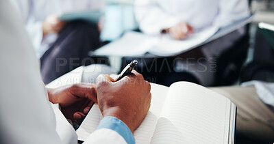 Buy stock photo Hands, person and writing on notebook of healthcare training, teaching lesson and study information. Doctor, notes and group of students for medical education, class checklist and feedback of interns