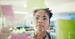 Thinking, idea and woman with sticky notes, business and plan for project with schedule or media coordinator. Marketing strategy, reading and serious for campaign in office, glass or person with info