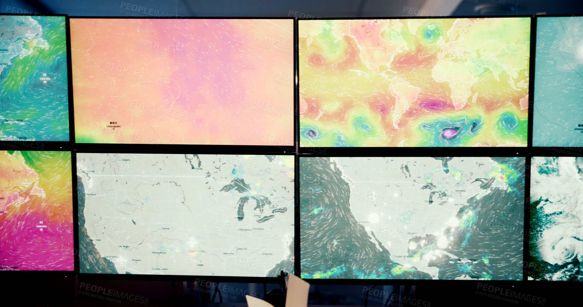 Buy stock photo Screen, weather and satellite with pattern in monitor, broadcast news or maps for tracking storm. Control room, forecast or meteorology with ecology for climate change, media report or global warming