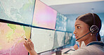 Computer, screen or woman with headset in control room for weather pattern, satellite maps or storm tracking. Meteorology, person or pointing to radar technology for climate monitor or global warming