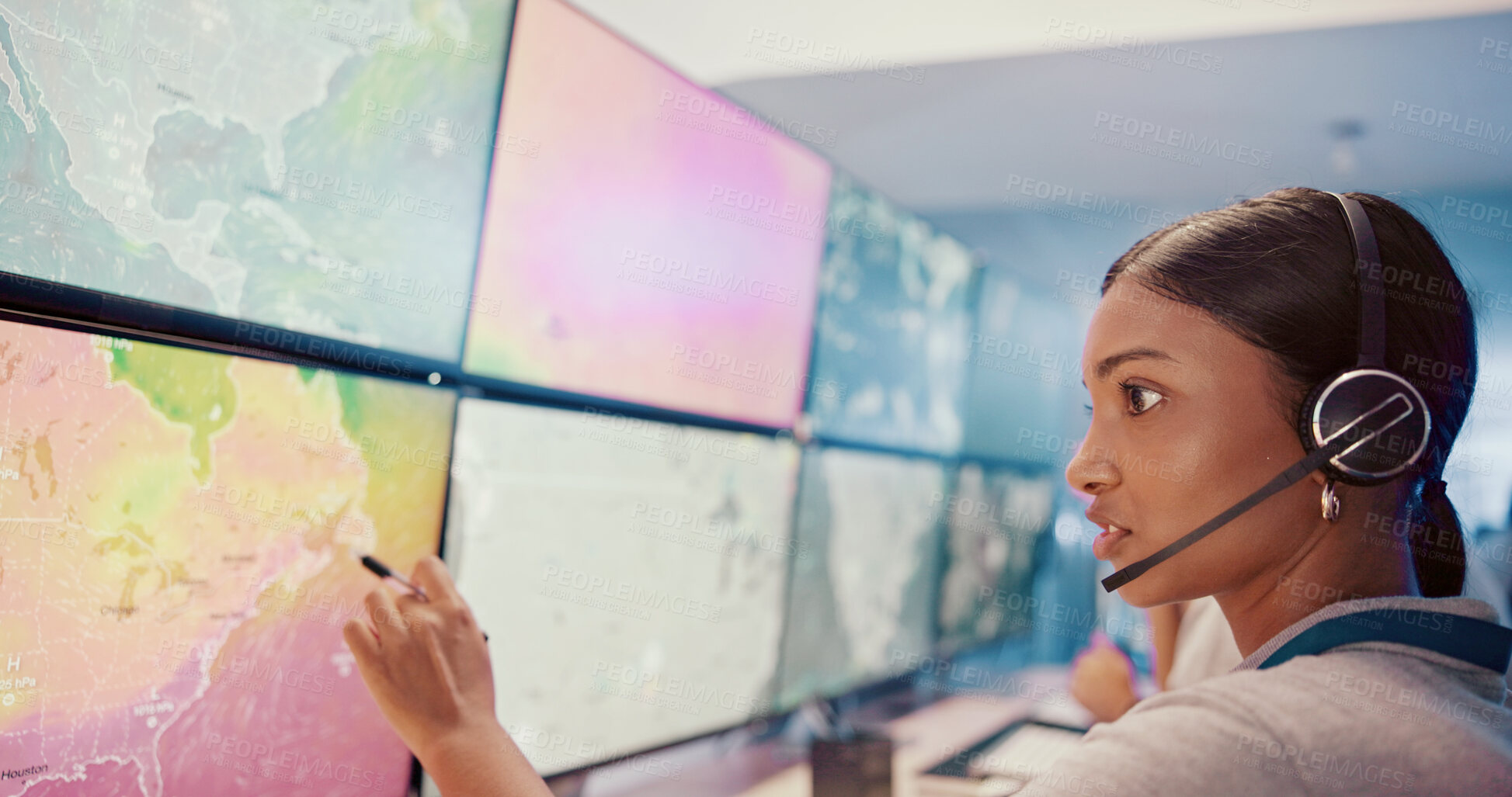 Buy stock photo Computer, screen or woman with headset in control room for weather pattern, satellite maps or storm tracking. Meteorology, person or pointing to radar technology for climate monitor or global warming